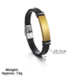Detailed view of 20.5cm men's woven leather bracelet with curved gold metal plate