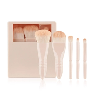 Detailed view of 5-piece pink travel makeup brush set with portable mirror storage case