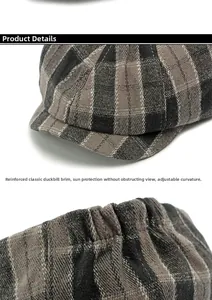 Detail of plaid newsboy hat featuring reinforced brim and adjustable elastic back
