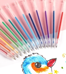 Close-up of glitter gel pens and a colorful bird drawing showing vivid sparkly ink effects
