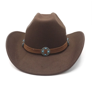 Close-up of dark brown wool cowboy hat with ethnic metal conchos and turquoise detail