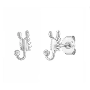 Detailed view of S925 sterling silver scorpion stud earrings with white zircon accents