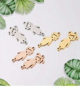 Polished boy and girl steel charms in silver gold and rose gold finishes for DIY jewelry