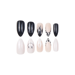 Almond-shaped Halloween press-on nails with black flames and smile face patterns