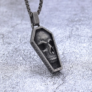 Gothic skull coffin pendant with vintage silver finish on square pearl chain necklace