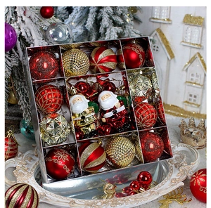 Detail of red and gold Christmas ornaments set with mixed textures in a silver gift box