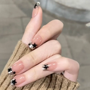 Pearly Pink French Style Press On Nails Medium Square Silver Glitter Tip Black Star Pattern Fashion Artificial False Nails