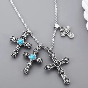 Gothic titanium steel cross necklace with turquoise stones and skull pendant charms