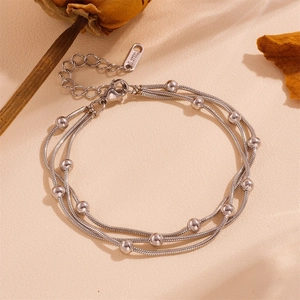 Waterproof stainless steel multilayer beaded bracelet with silver finish and round beads