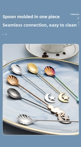 Detailed view of creative 304 stainless steel dessert spoons in diverse ocean and star motifs