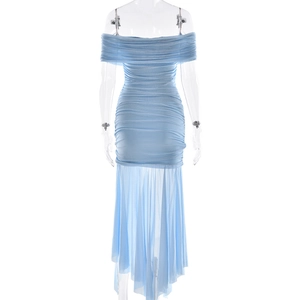 Detail view of blue mesh off-shoulder dress featuring pleated bodice and irregular hemline
