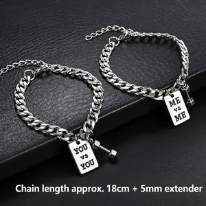 Men's stainless steel dumbbell bracelet with motivational engraving on black leather