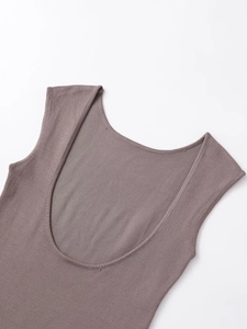 Detail of grey-purple knitted sleeveless top showing open back and stitching