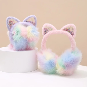 Rainbow gradient plush earmuffs with sequin cat ears for winter warmth and comfort