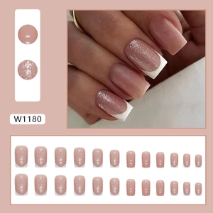 Sparkly French tip square fake nails in nude pink with silver glitter finish 24pcs