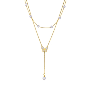 Double-layer gold butterfly necklace with white pearls and long tassel pendant