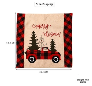 Detailed view of burlap Christmas chair cover with truck pattern and size dimensions