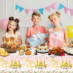 Pink fairy tale castle party tablecloth with gold floral patterns and castle motifs