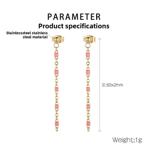 Detail of gold stainless steel fringe earrings with pink beads measuring 50x2mm