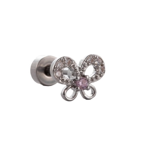 Silver bow stud earring with pink zircon and clear crystals, screw back jewelry