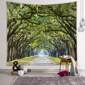 Detailed view of forest tapestry showing natural tree archway inside a cozy modern home