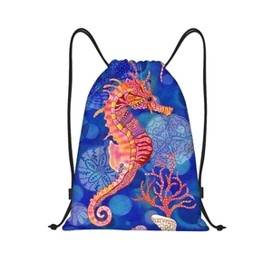 Detail of colorful seahorse print on thick oxford fabric drawstring backpack bag