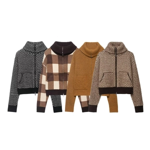 Veste En Tricot À Carreaux Pour Femme Fermeture Éclair Col Montant Manches Longues Patchwork Décontracté Style Bomber Rétro