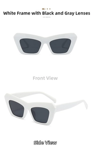 Detailed front and side view of white thick frame cat eye sunglasses with grey lenses