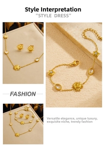 Detailed view of gold plated necklace and earrings with sunburst and star patterns