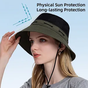 Outdoor sun hat for men and women featuring breathable mesh and olive green wide brim