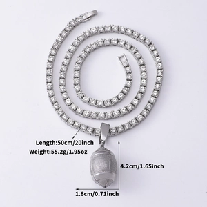 Hip hop silver iced out rugby pendant necklace with 20 inch chain and sparkling crystals