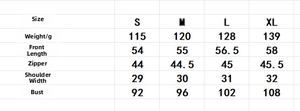Detailed size chart for autumn polka dot sleeveless top with chest and length measurements