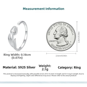 Detailed S925 silver tulip ring size guide with US quarter coin for scale comparison