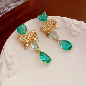 Elegant gold bow drop earrings with green heart and blue teardrop stones for women
