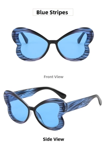 Front and side views of butterfly-shaped blue stripe sunglasses with translucent lenses
