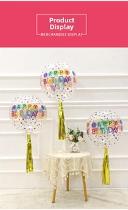 Close-up of clear 4D balloons with colorful confetti and Happy Birthday print decoration