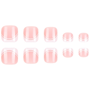 Unghie finte per piedi French con base rosa gelatina e linee bianche curve