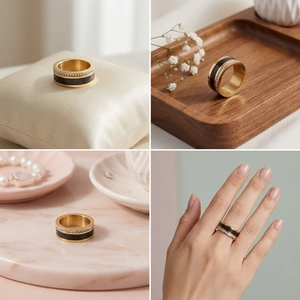 Detailed view of gold titanium ring with black inlay and pavé micro-set cubic zirconia