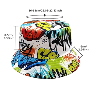 Double-sided graffiti print bucket hat with colorful street art letters on white canvas