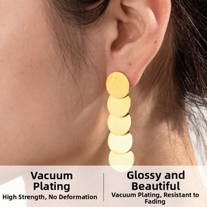 Detail of gold circular fringe drop earrings featuring vacuum plated stainless steel