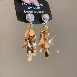 Luxury Copper Tassel Drop Earrings For Women With 925 Sterling Silver Earring Post Gold Plated Zirconia Sequin Teardrop Earrings