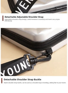 Detail of detachable adjustable woven shoulder strap for mini PC hardshell crossbody bag
