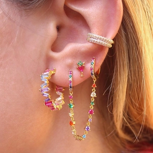 Boucles Oreilles À Pampilles Connectées Cuivre Plaqué Or Véritable Zircon Coloré Double Perçage Chaîne Bijoux Mode Femme
