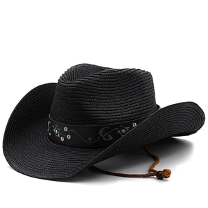 Black straw cowboy hat with embroidered floral leather band and adjustable wind rope