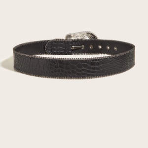 Vintage black crocodile embossed leather belt with polished silver buckle for dresses
