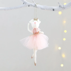 Felt ballet mouse ornament with golden crown and pink mesh tutu on white branch