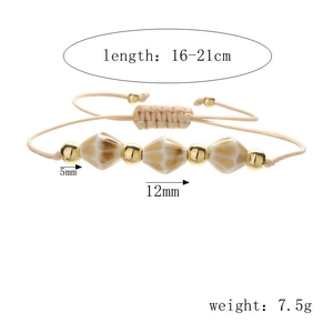 Detail of bohemian woven bracelet featuring ceramic rhombic beads and size specifications