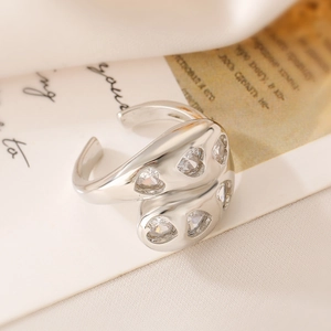 Silver adjustable heart-shaped zircon open ring featuring a minimalist wrap design