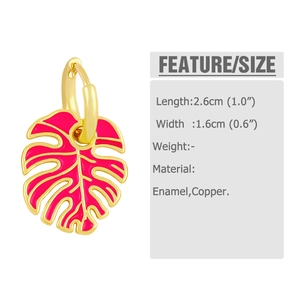 Detail view of pink monstera leaf earrings with gold trim and size measurements 2.6x1.6cm