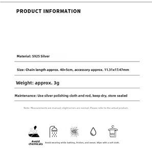 Specifications chart for S925 sterling silver butterfly necklace with dimensions and care guide